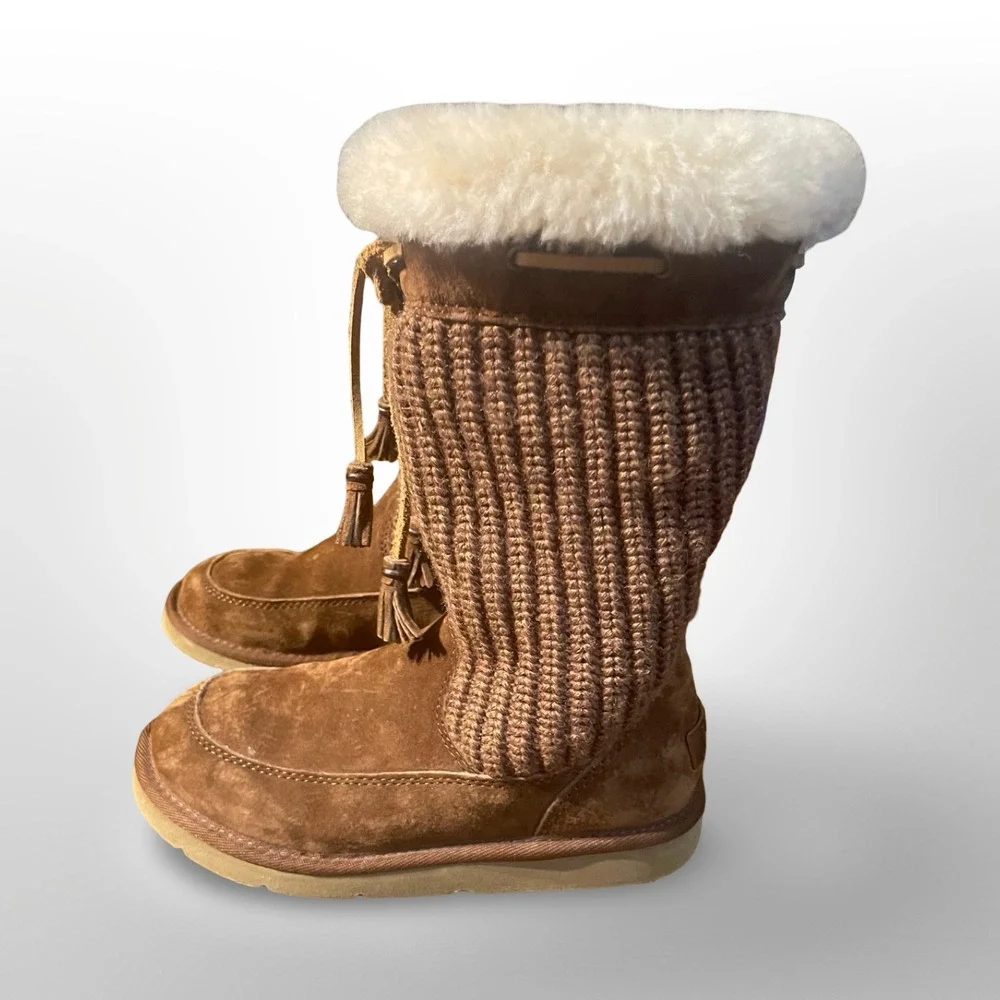 UGG Australia Knit Tall Boots‎ Brown Suede Leather Shearling Winter Warm